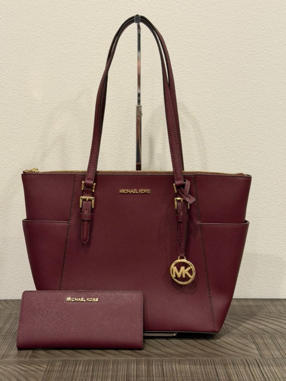 Michael Kors Dark Cherry Saffiano Leather Tote and Matching Wallet